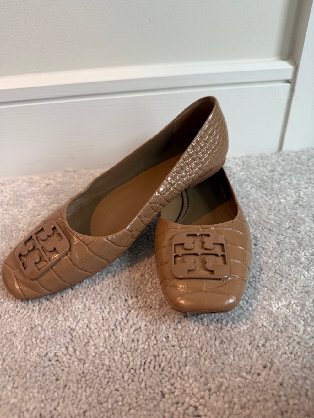 Tory Burch Cognac Croc-Embossed Logo Ballet Flats